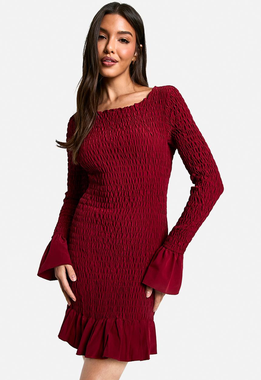 boohoo - Shirred long sleeve mini dress - burgundy