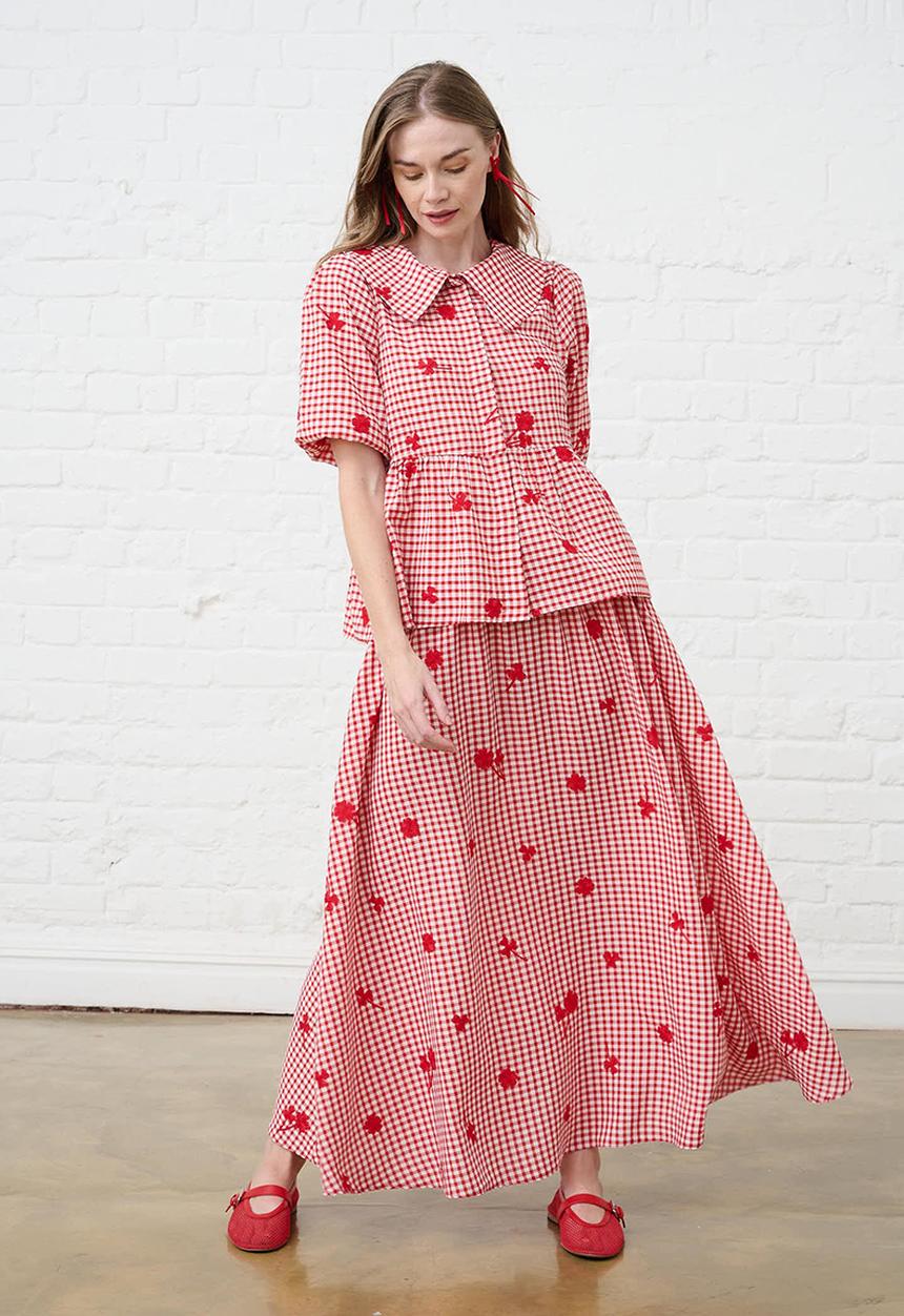Me&B - Embroidered Gingham Skirt - Red