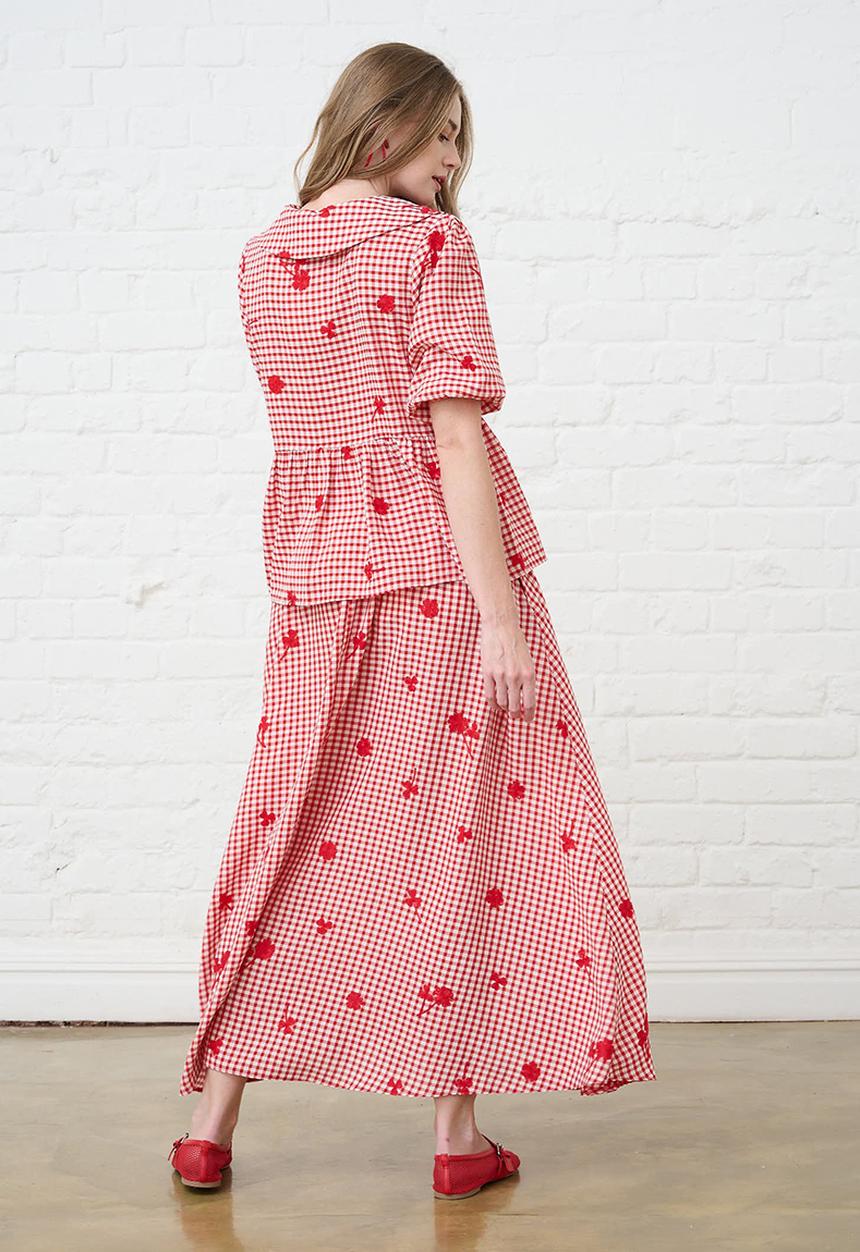 Me&B - Embroidered Gingham Skirt - Red