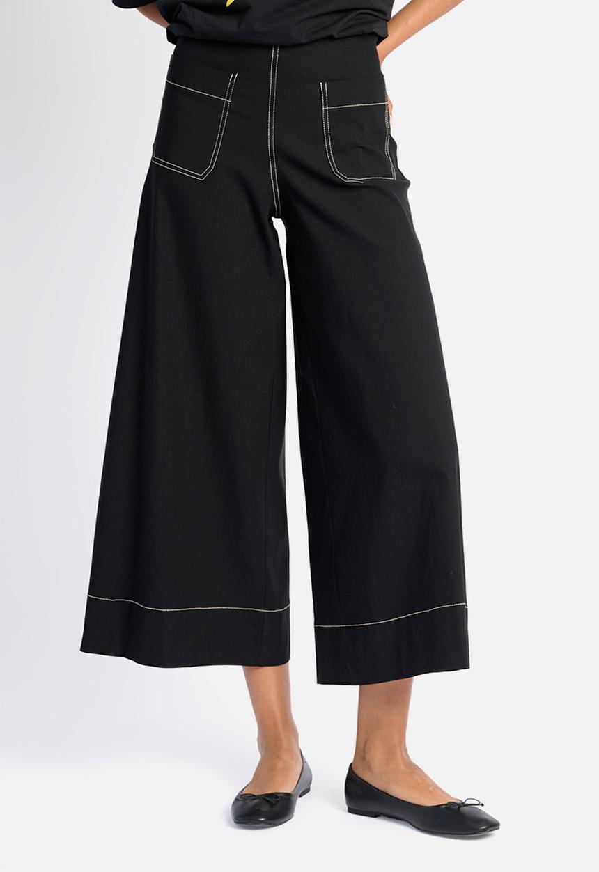 Me&B - Stretch Wide Leg Cropped Pants - Black Contrast