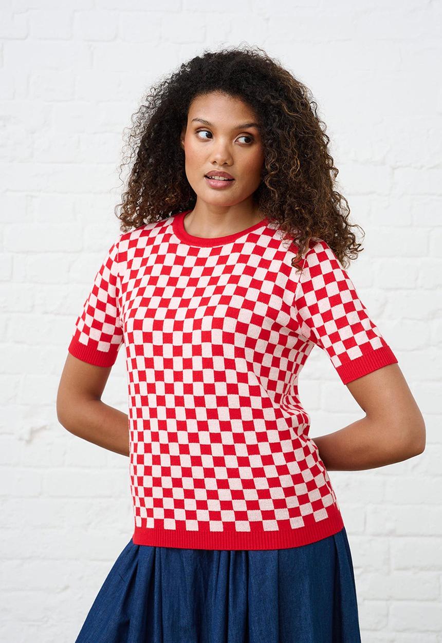 Me&B - Knitwear Top in Check - Cherry Red
