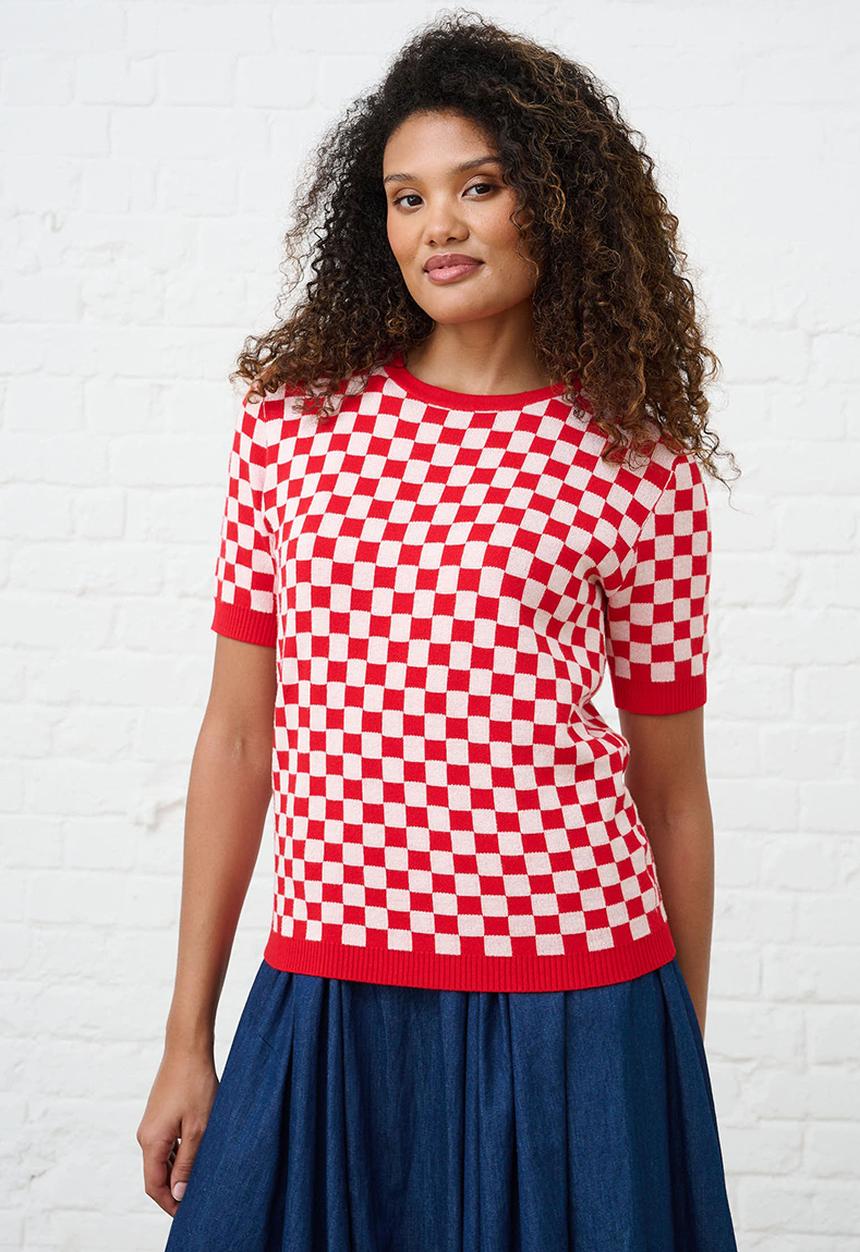 Me&B - Knitwear Top in Check - Cherry Red