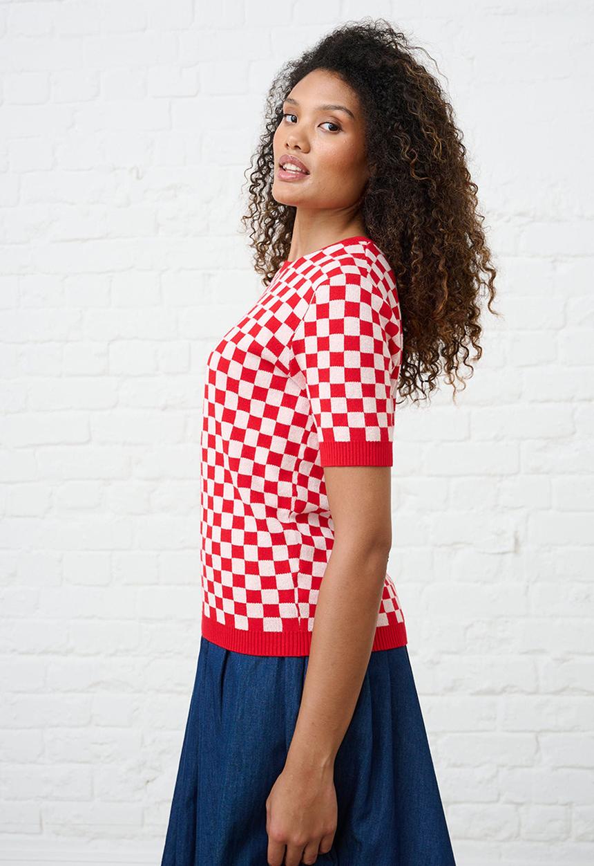 Me&B - Knitwear Top in Check - Cherry Red