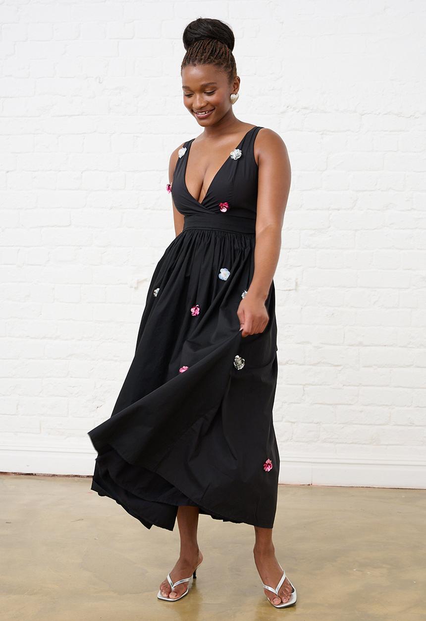 Me&B - Embellished Flower Circular Wrap Dress - Black