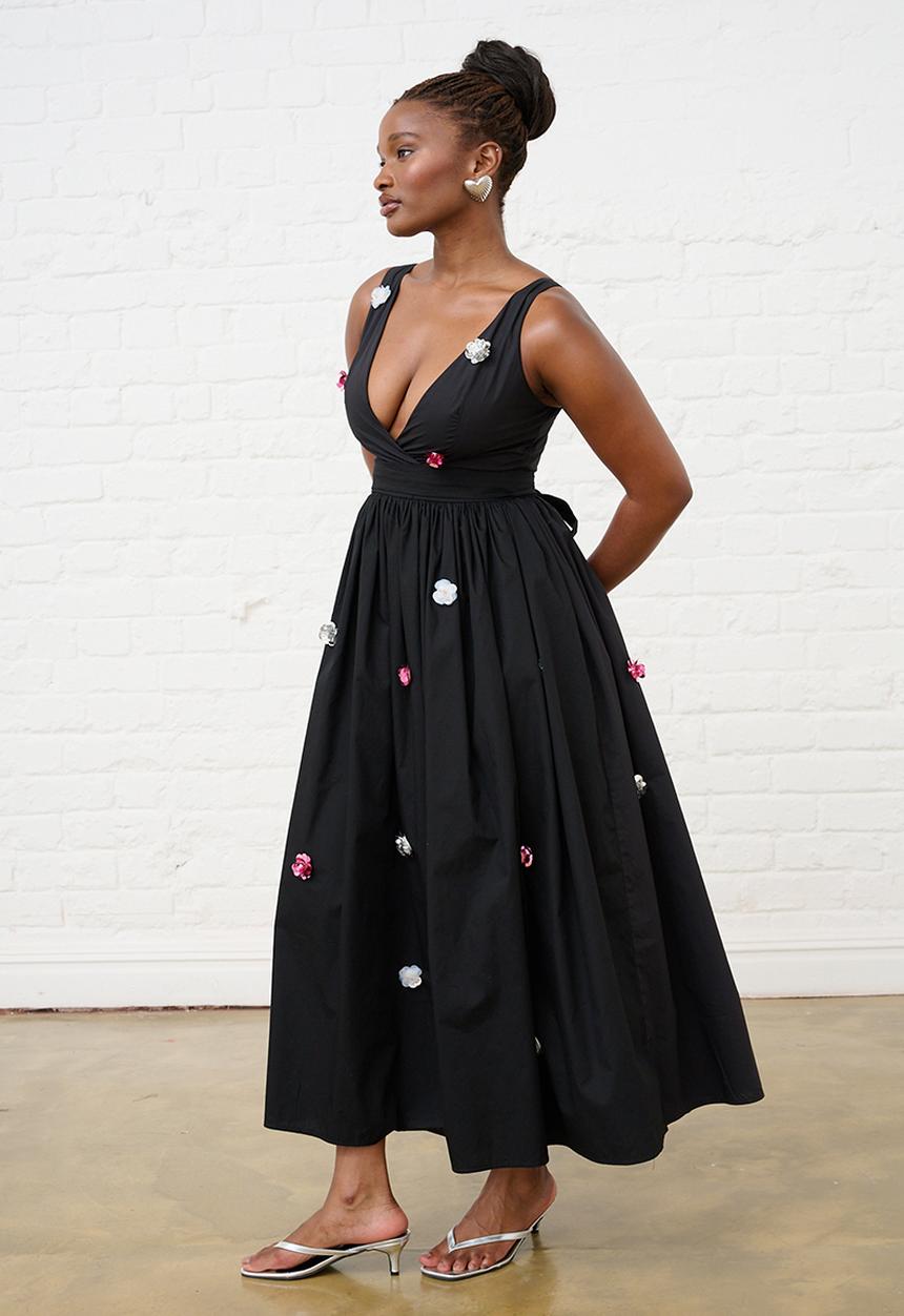 Me&B - Embellished Flower Circular Wrap Dress - Black