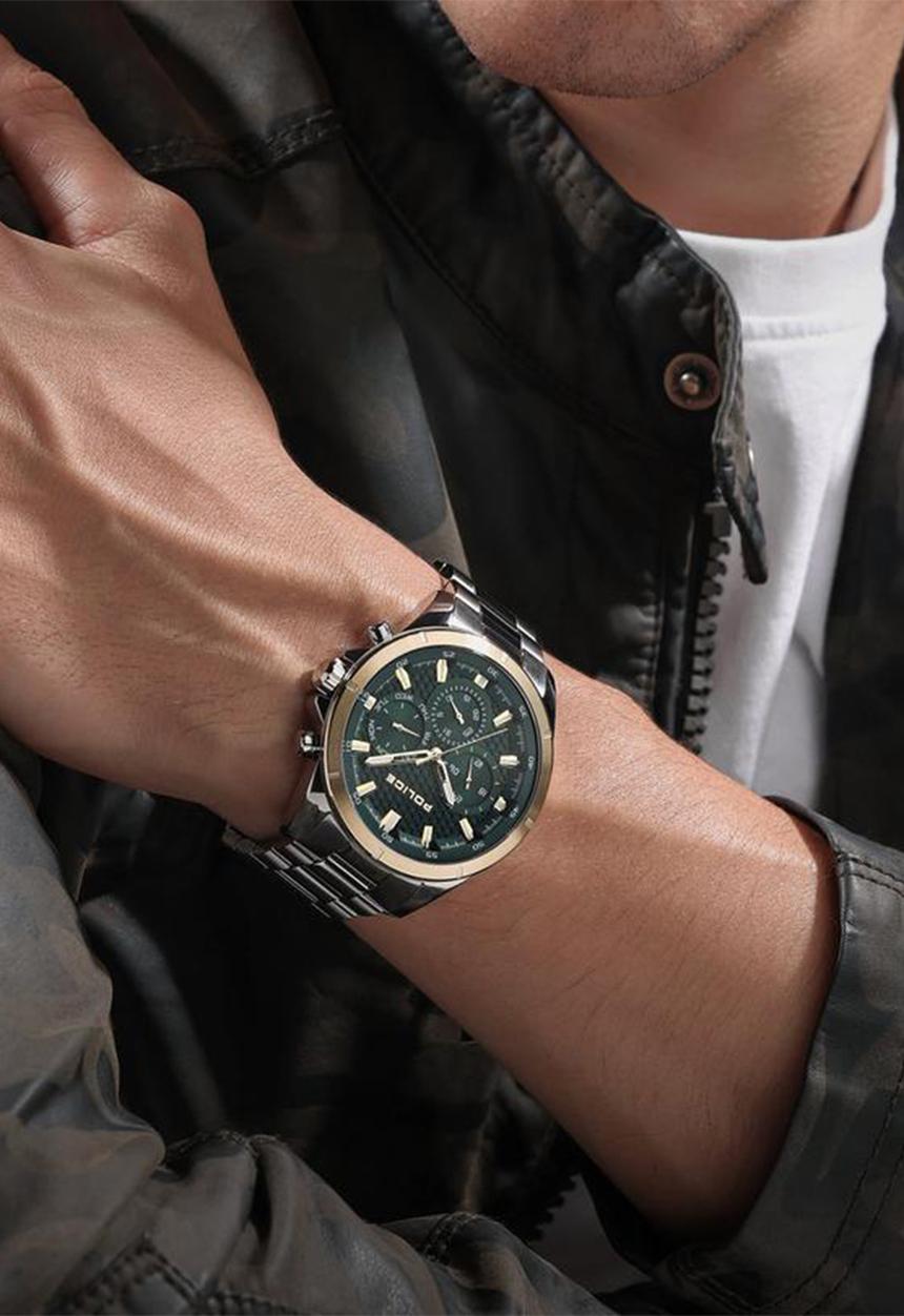 Police - Steel Case Green Dial Steel Bracelet Strap - Silver