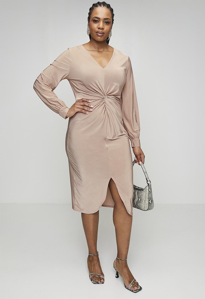 boohoo - Plus twist front plunge midi dress - stone
