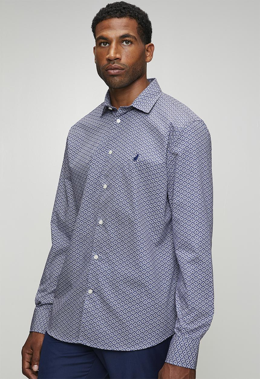 POLO - Grayy Geo Print Long sleeve Shirt - Blue