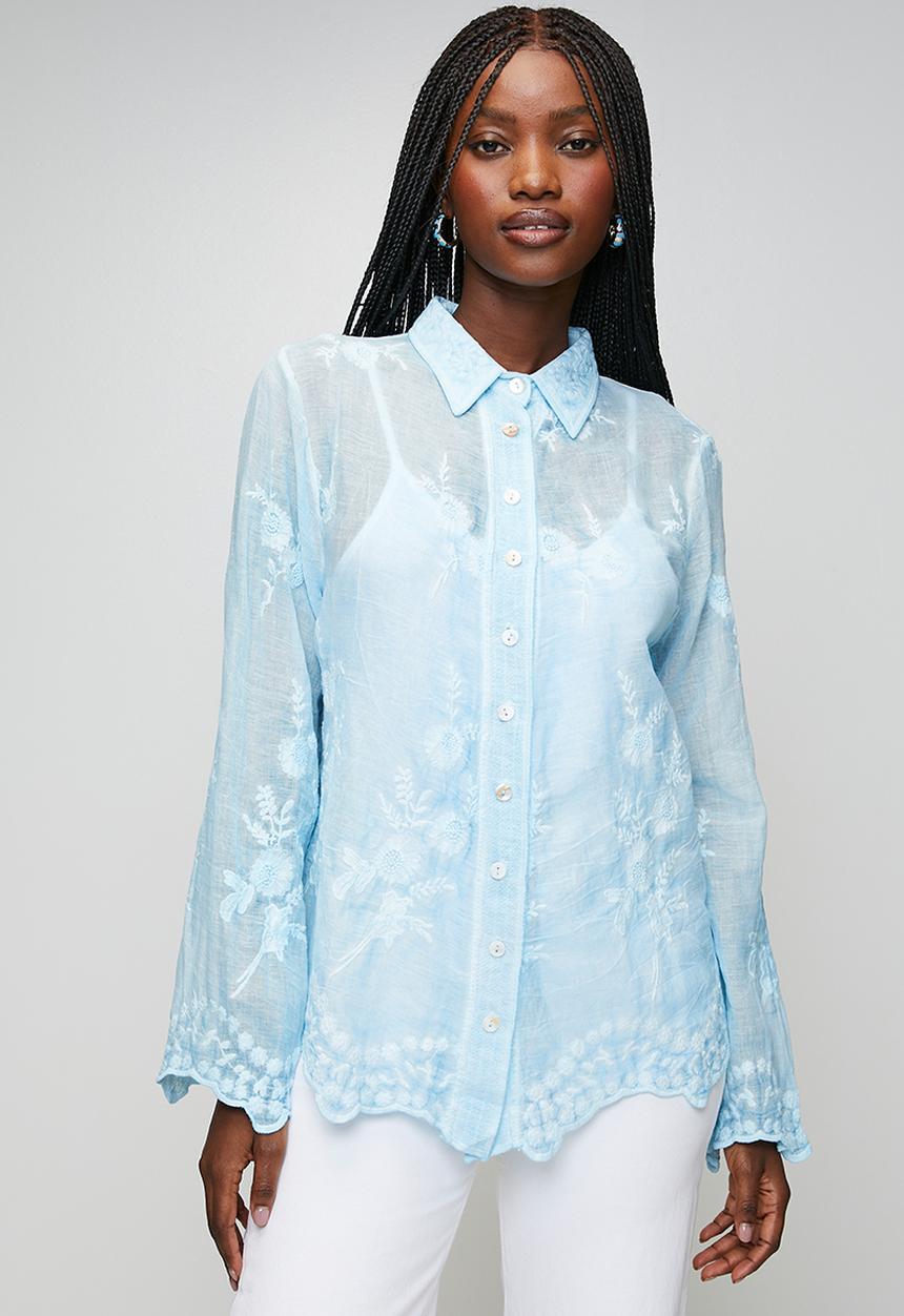 Stella Morgan - Long sleeve Embroidered Voile Blouse With Hem And Scallop - Pale Blue