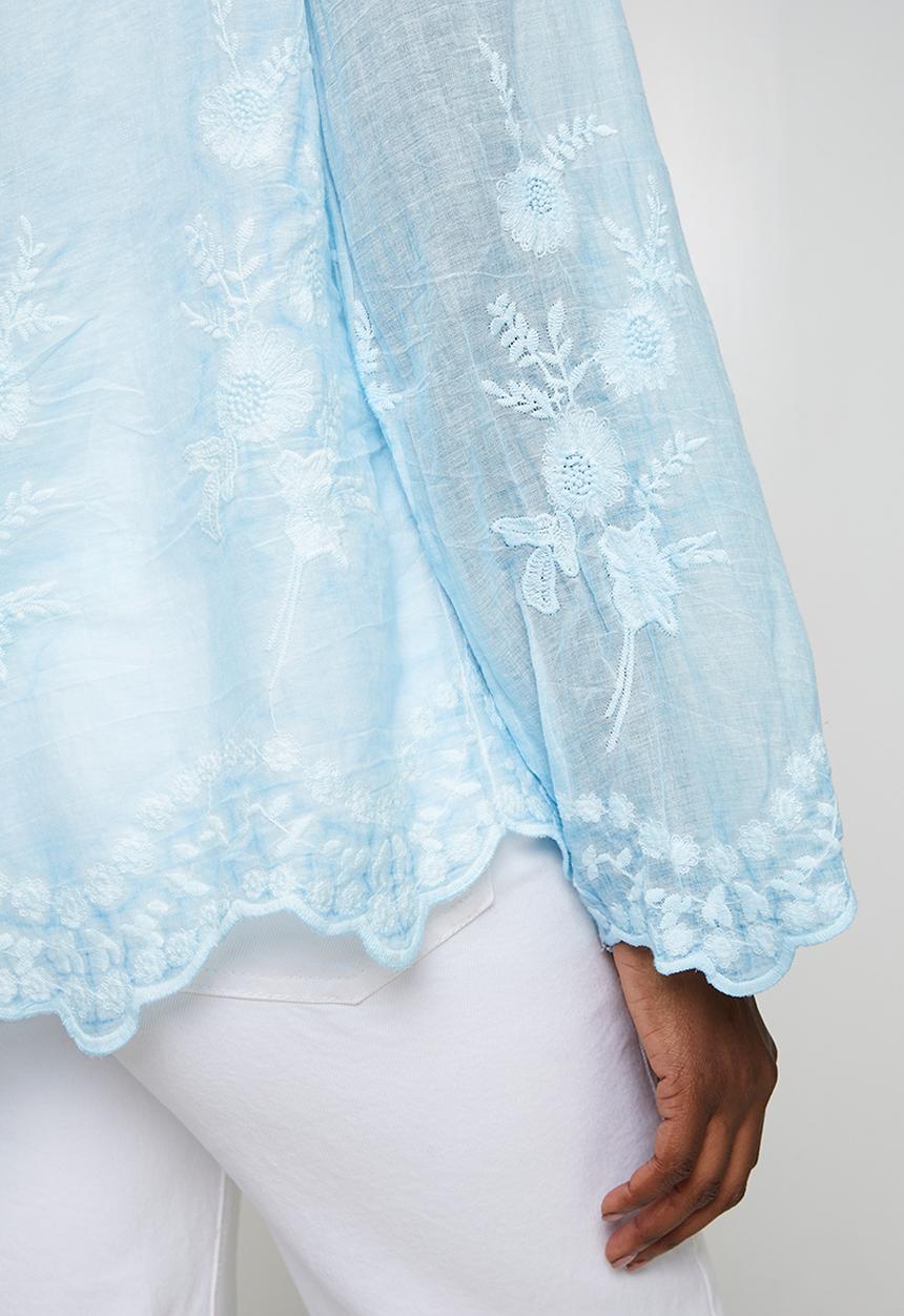 Stella Morgan - Long sleeve Embroidered Voile Blouse With Hem And Scallop - Pale Blue