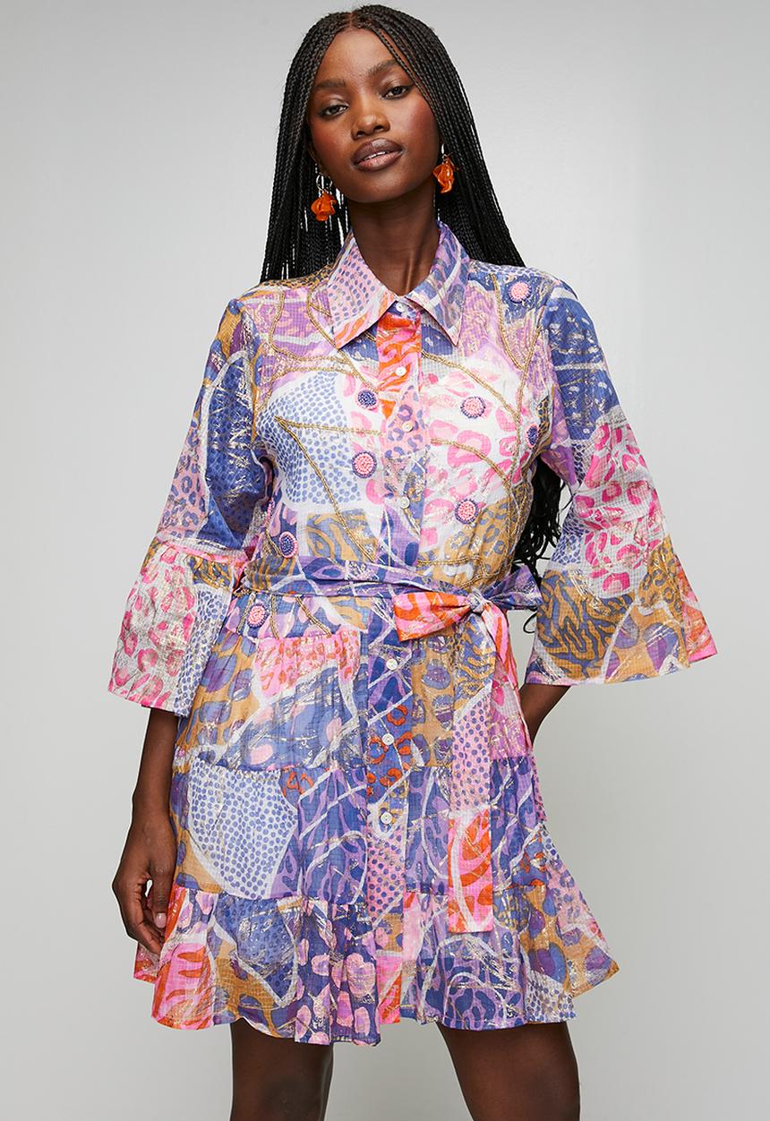 Stella Morgan - Half Sleeve With Flutter Button Through Hand Work Dress With Tie Belt - Multi