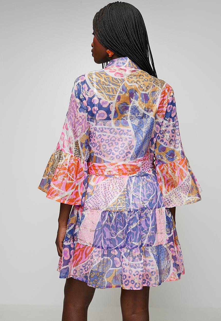 Stella Morgan - Half Sleeve With Flutter Button Through Hand Work Dress With Tie Belt - Multi