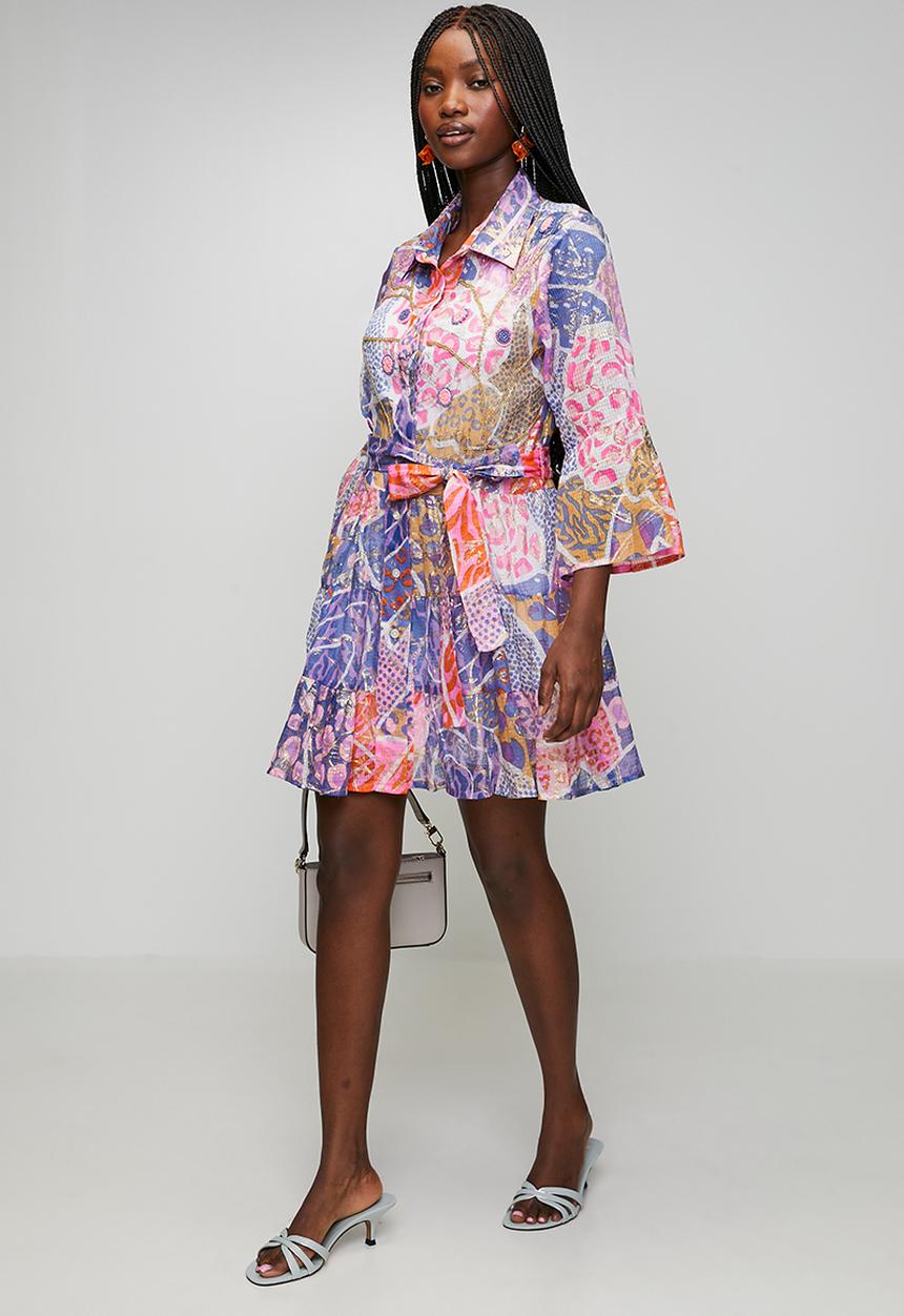 Stella Morgan - Half Sleeve With Flutter Button Through Hand Work Dress With Tie Belt - Multi