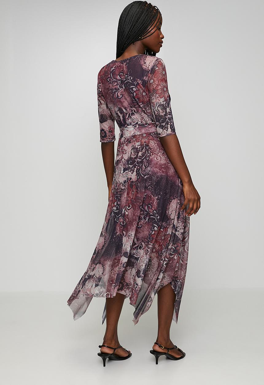 Stella Morgan - Half Sleeve V-Neck Wrap Style Maxi With Hankerchief Hem - Burgundy