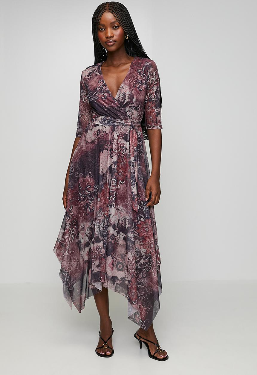 Stella Morgan - Half Sleeve V-Neck Wrap Style Maxi With Hankerchief Hem - Burgundy
