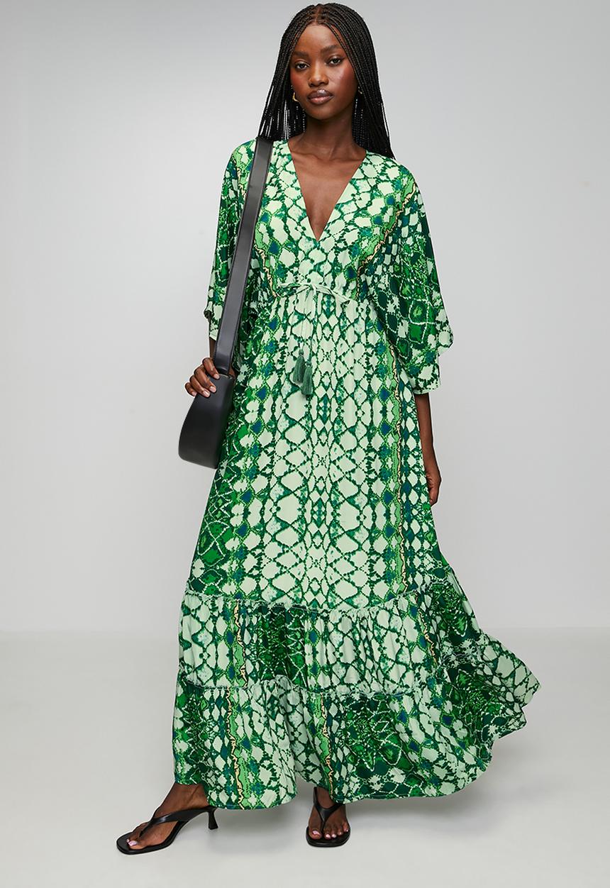 Stella Morgan - V-Neck Easy Wearing Kaftan Maxi Dress - Green
