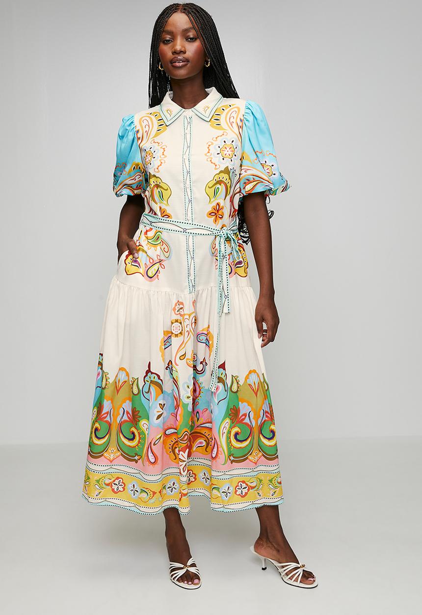 Stella Morgan - Puff Button Through With Collar Maxi Dress Border Print - Multi