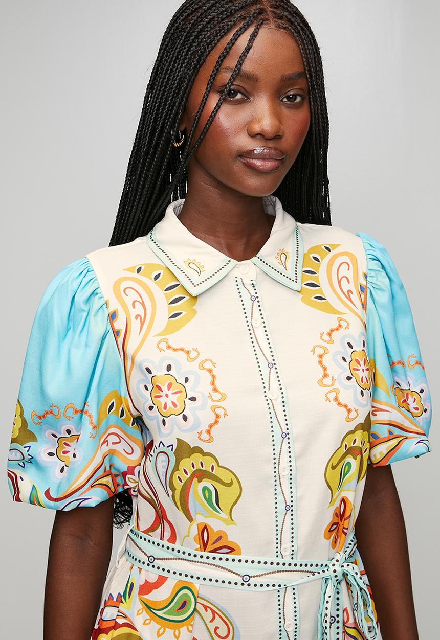 Stella Morgan - Puff Button Through With Collar Maxi Dress Border Print - Multi