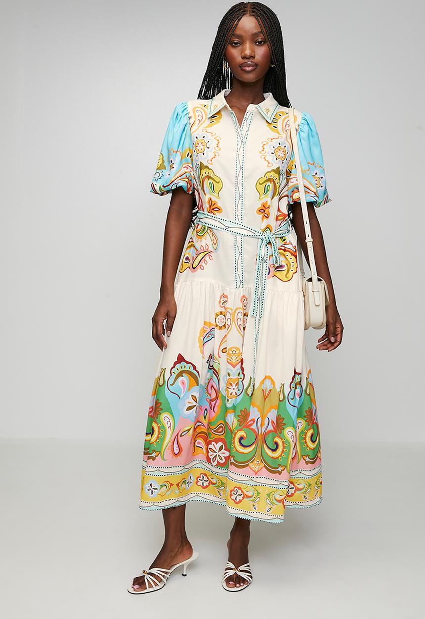 Stella Morgan - Puff Button Through With Collar Maxi Dress Border Print - Multi
