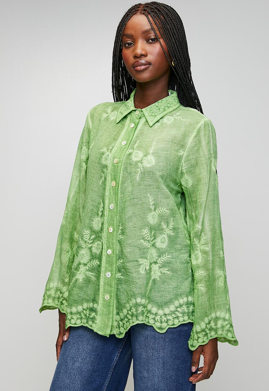 Stella Morgan - Long sleeve Embroidered Voile Blouse With Hem And Scallop - Khaki
