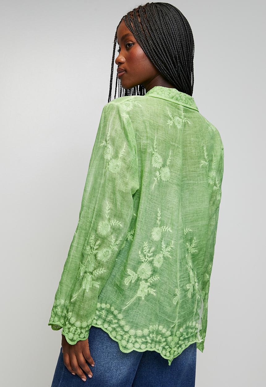 Stella Morgan - Long sleeve Embroidered Voile Blouse With Hem And Scallop - Khaki