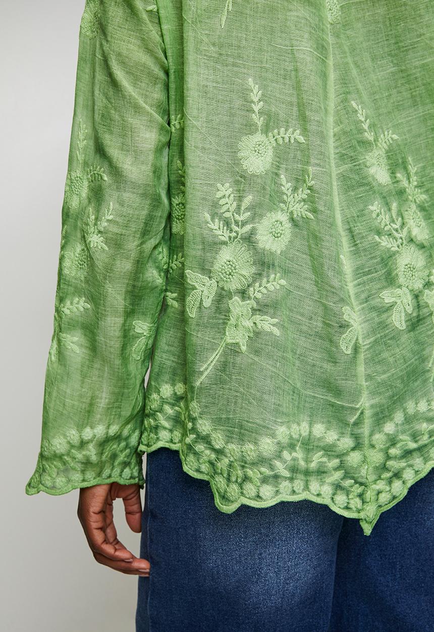 Stella Morgan - Long sleeve Embroidered Voile Blouse With Hem And Scallop - Khaki