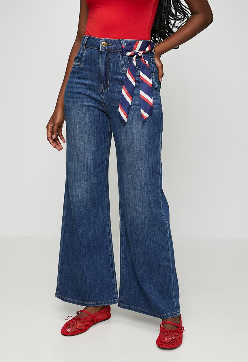 Stella Morgan - High Waisted Wide Leg Denim Jean With Kick Flare At Hem And Fabric For Bow - Dark Denim