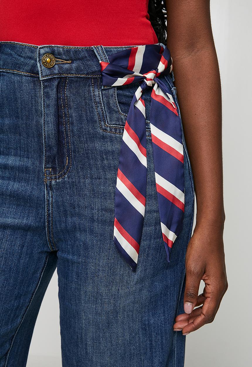 Stella Morgan - High Waisted Wide Leg Denim Jean With Kick Flare At Hem And Fabric For Bow - Dark Denim