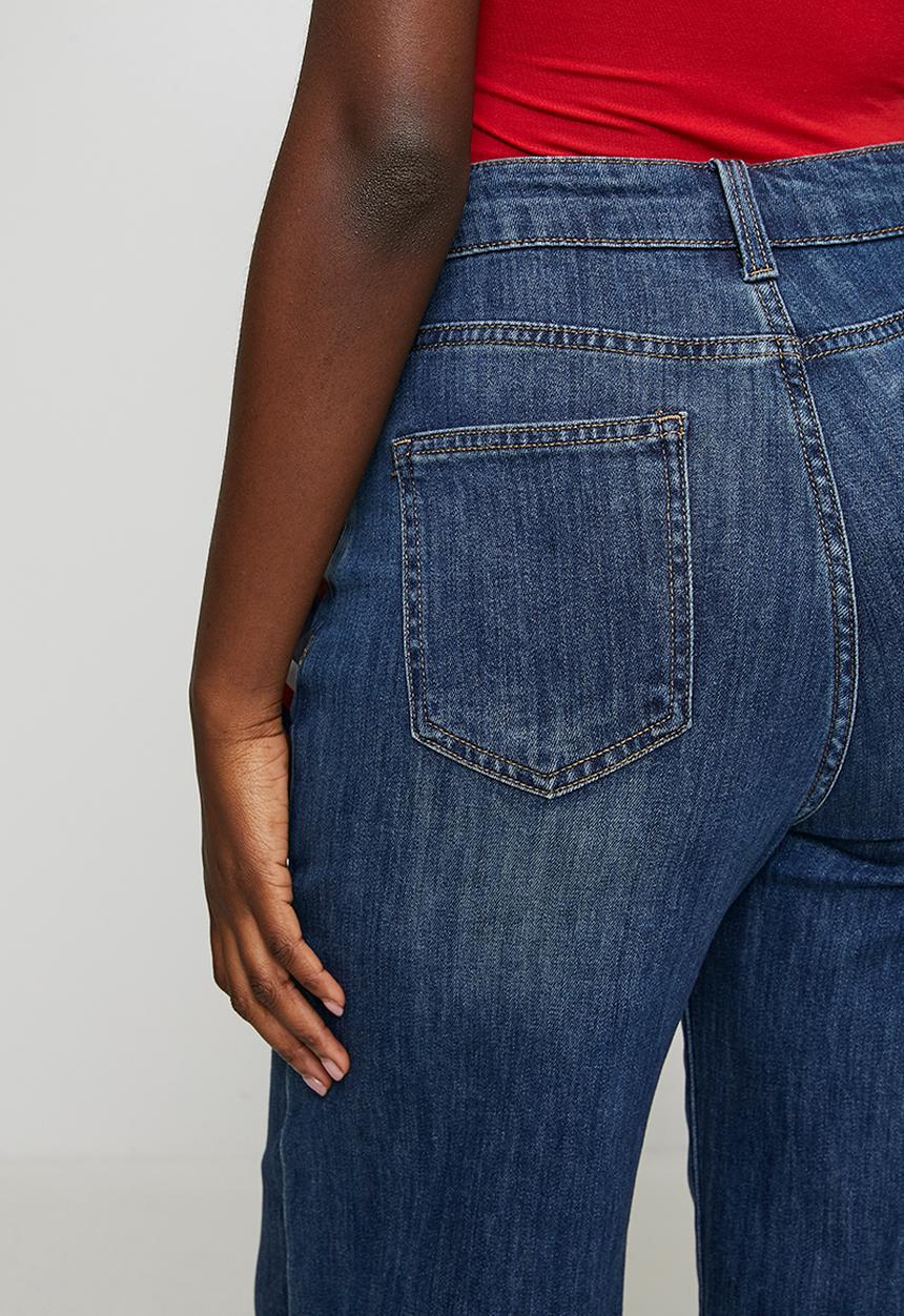 Stella Morgan - High Waisted Wide Leg Denim Jean With Kick Flare At Hem And Fabric For Bow - Dark Denim