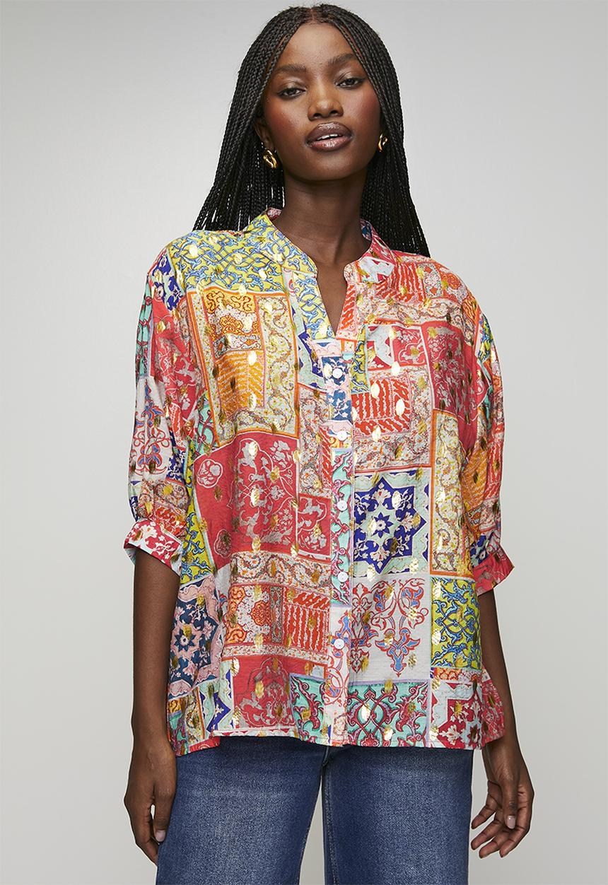 MANDI - Half Sleeve Batwing Blouse With Foil Print Detail - Multi Red