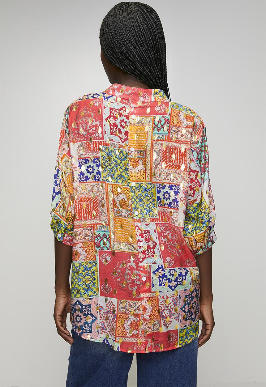MANDI - Half Sleeve Batwing Blouse With Foil Print Detail - Multi Red