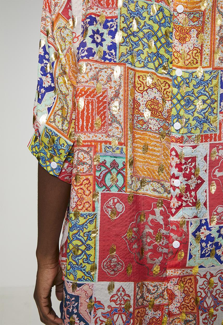 MANDI - Half Sleeve Batwing Blouse With Foil Print Detail - Multi Red
