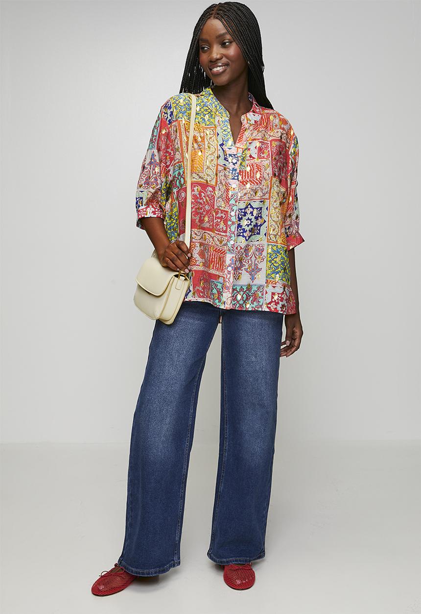 MANDI - Half Sleeve Batwing Blouse With Foil Print Detail - Multi Red