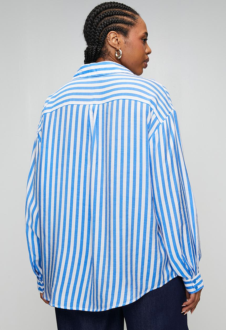 Me&B - Plus Beaded Shirt in Blue Stripe - Blue