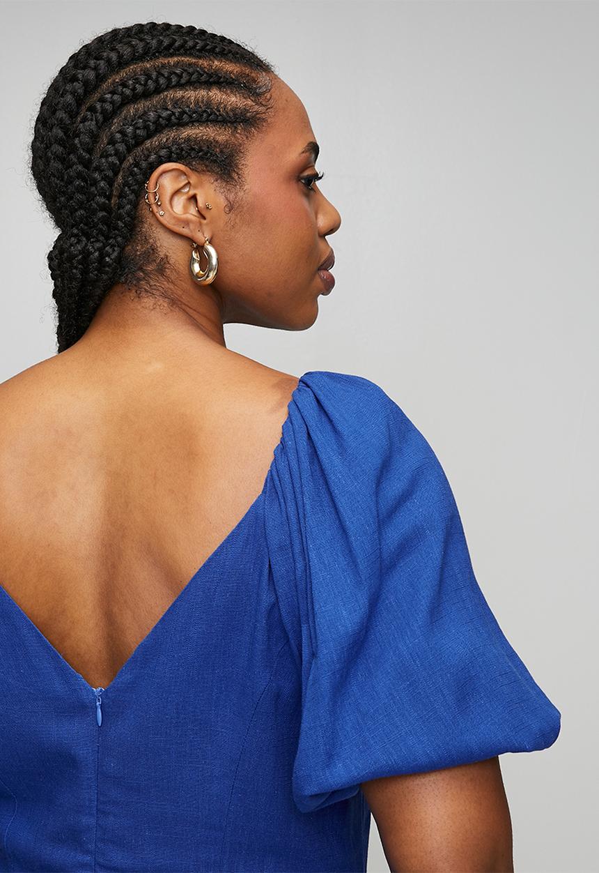 Me&B - Plus Cobalt Linen Blend Dress with Lace Up Detail - Blue
