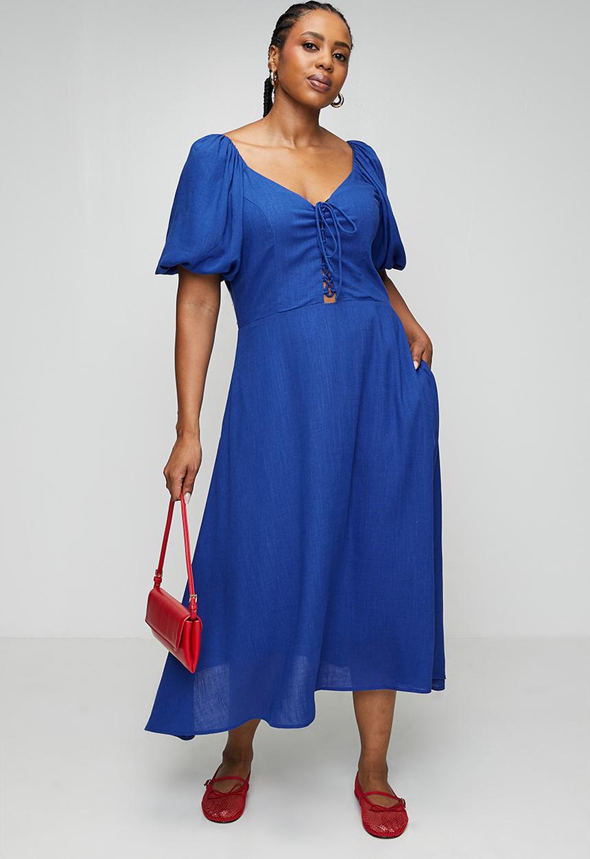 Me&B - Plus Cobalt Linen Blend Dress with Lace Up Detail - Blue