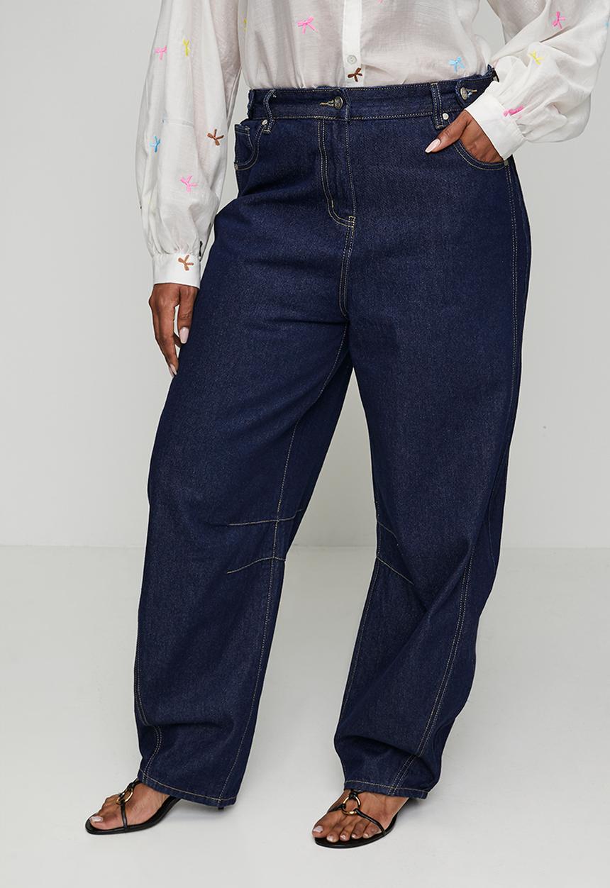 Me&B - Plus Adjustable Waist Barrel Leg Jeans - Dark Wash