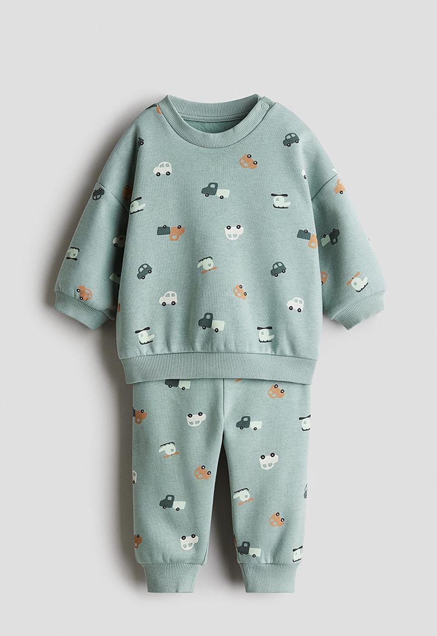 H&M - 2-Piece printed brushed-inside sweatshirt set - turquoise/vehicles
