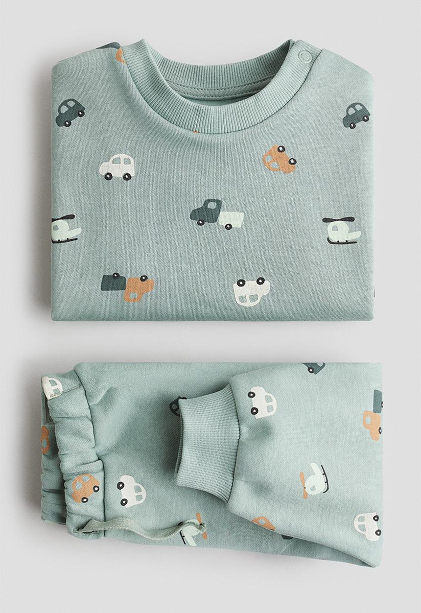 H&M - 2-Piece printed brushed-inside sweatshirt set - turquoise/vehicles