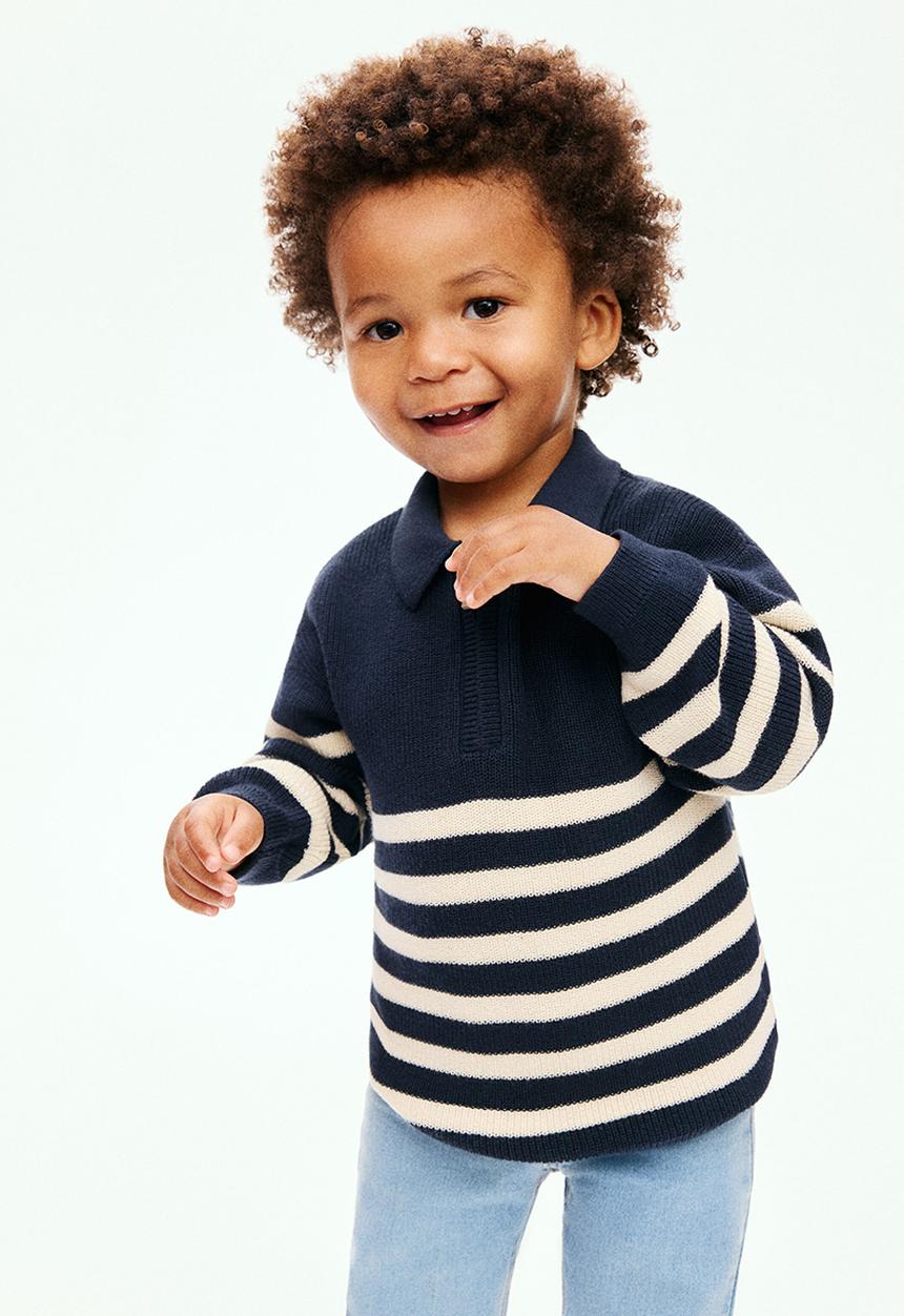 H&M - Cotton polo jumper - navy blue/striped 