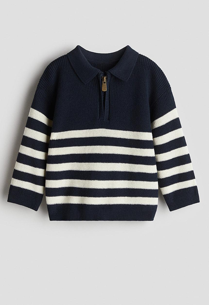 H&M - Cotton polo jumper - navy blue/striped 