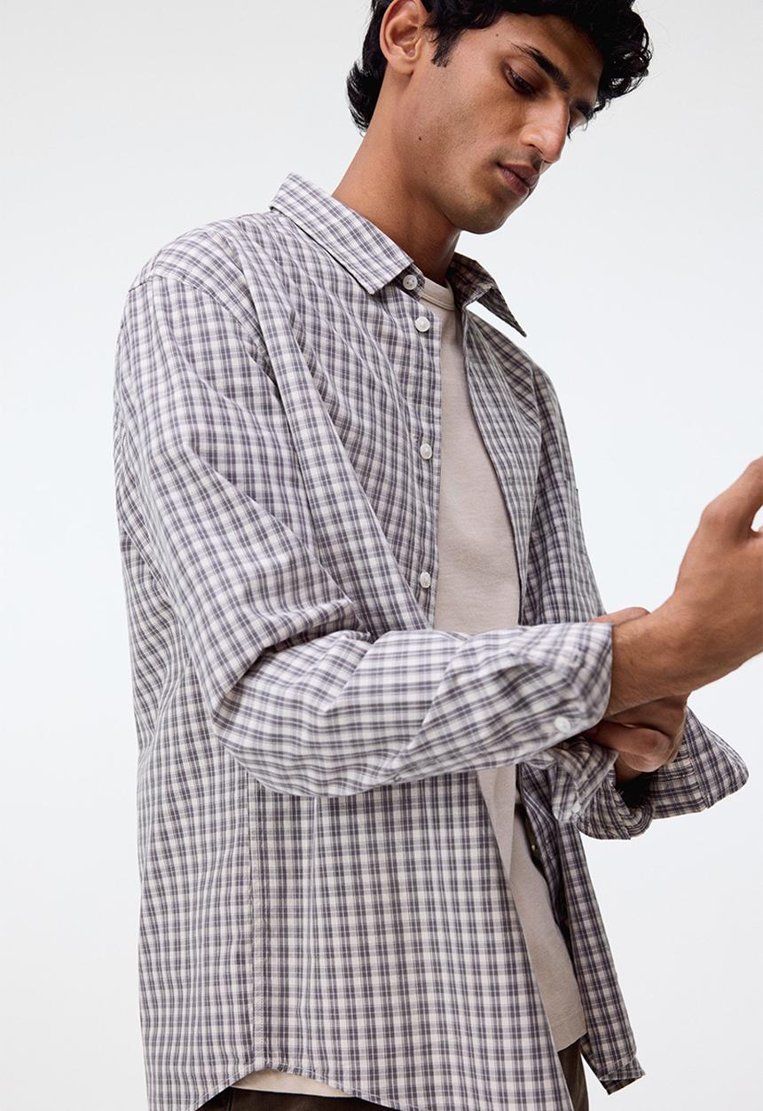 H&M - Relaxed fit cotton shirt - grey/checked 