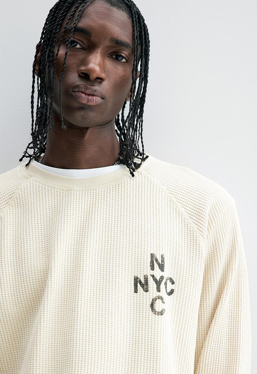 H&M - Regular fit waffled long-sleeved top - light beige nyc