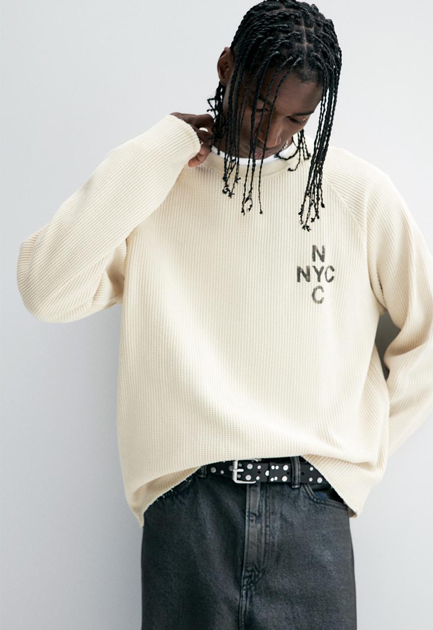 H&M - Regular fit waffled long-sleeved top - light beige nyc