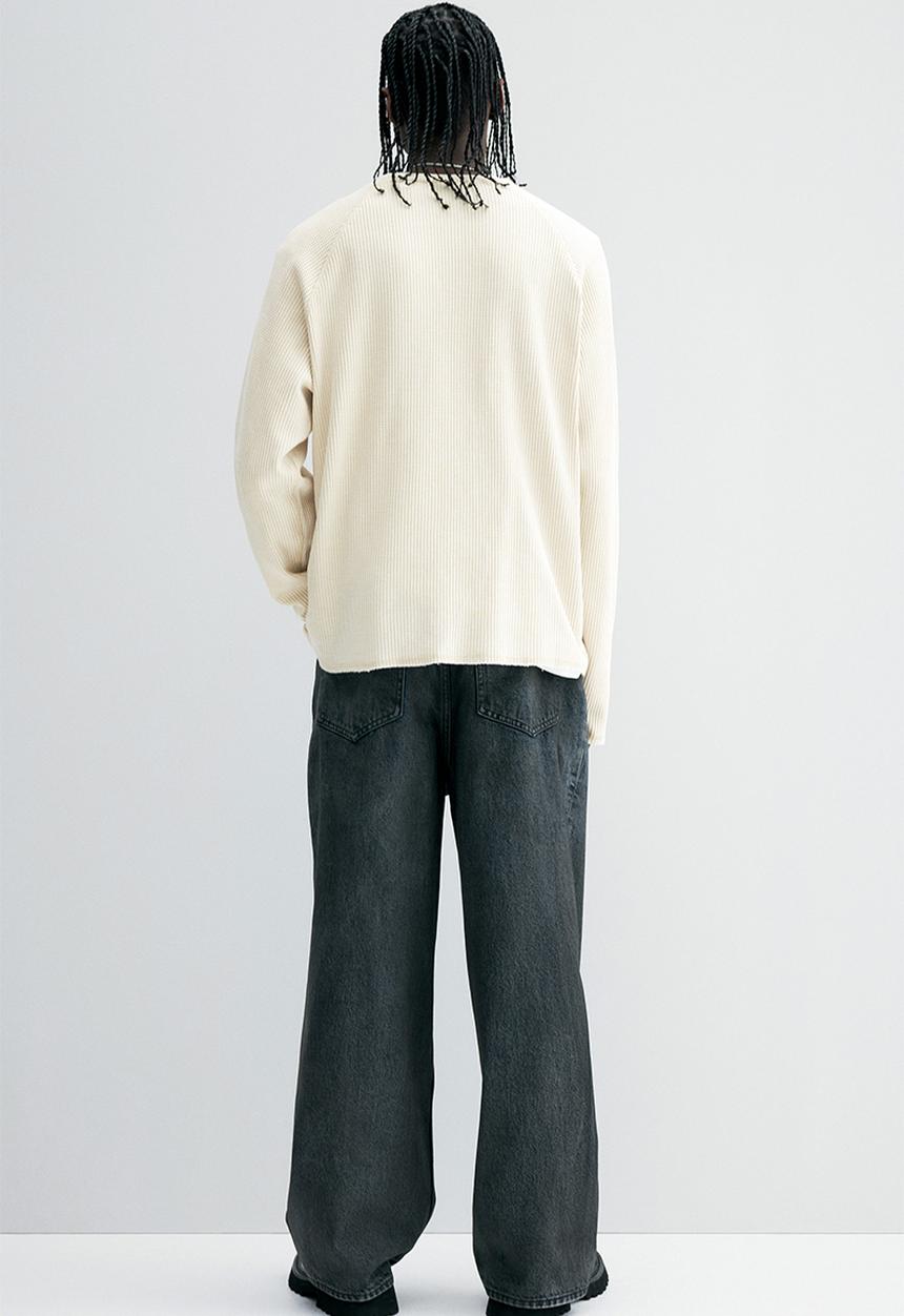 H&M - Regular fit waffled long-sleeved top - light beige nyc
