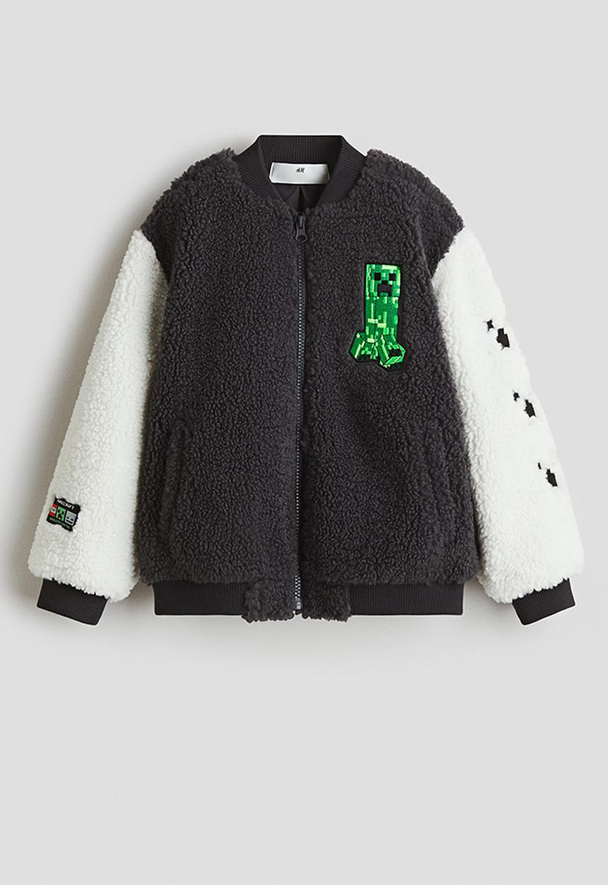 H&M - Teddy bomber jacket - dark grey/minecraft