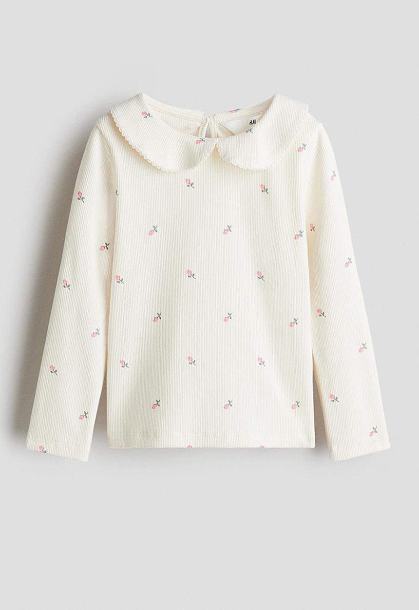 H&M - Collared jersey top - white,multi