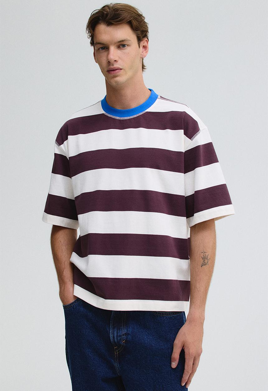 H&M - Loose fit T-shirt - plum purple & white striped