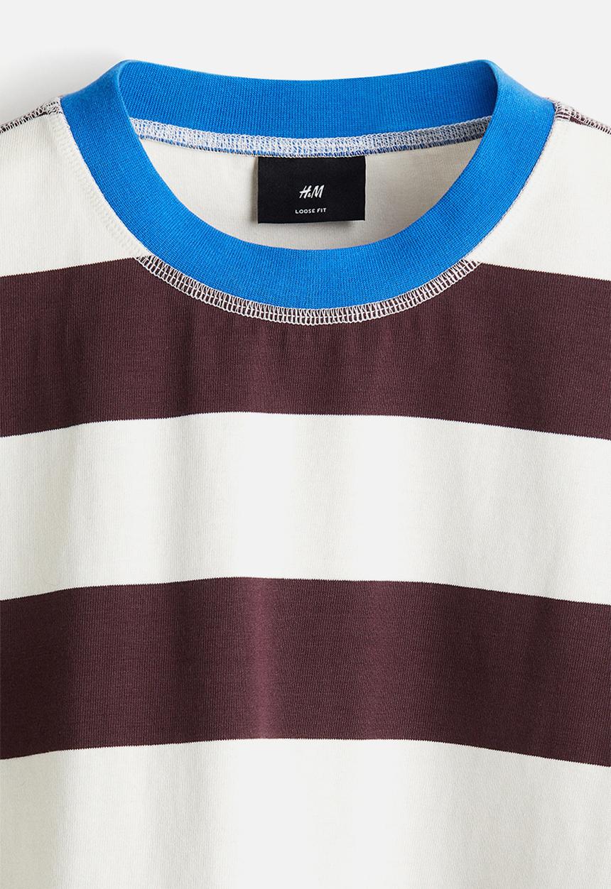 H&M - Loose fit T-shirt - plum purple & white striped