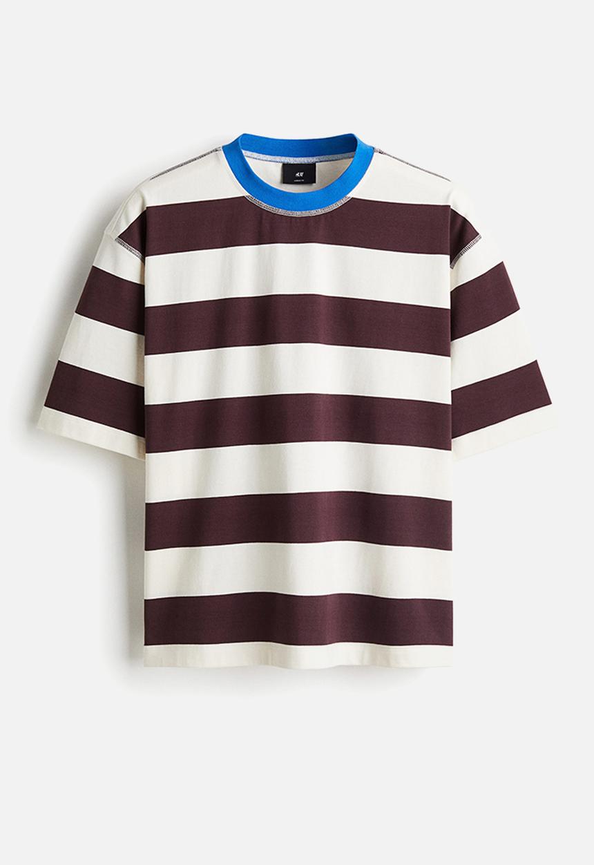 H&M - Loose fit T-shirt - plum purple & white striped